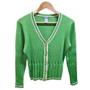 U-Knit Silk Blend Chunky Ribbed Stretch Cardigan Sweater Size Large Green